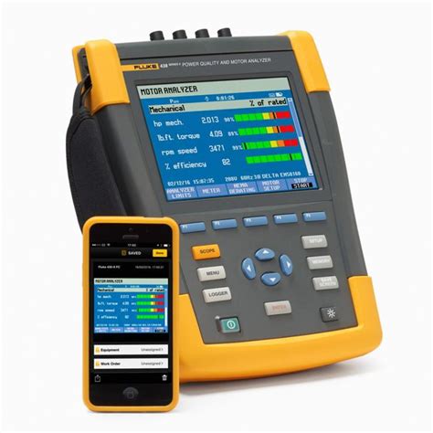 Fluke 438 huren The 438-II Power Quality Analyzer & Motor Analyzer helps you effectively evaluate electrical and mechanical performance just by hooking up voltage and measuring current, providing you with an unprecedented level of data